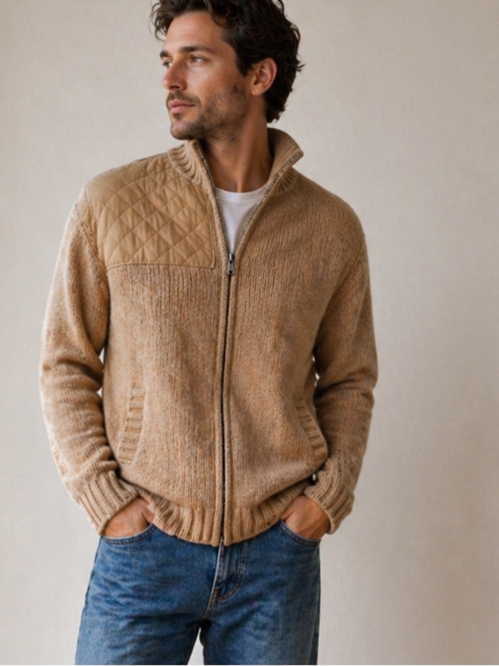 Polo Ralph Lauren Wool Cashmere Full Zip Sweater Jacket Tan Quilted Shoulder